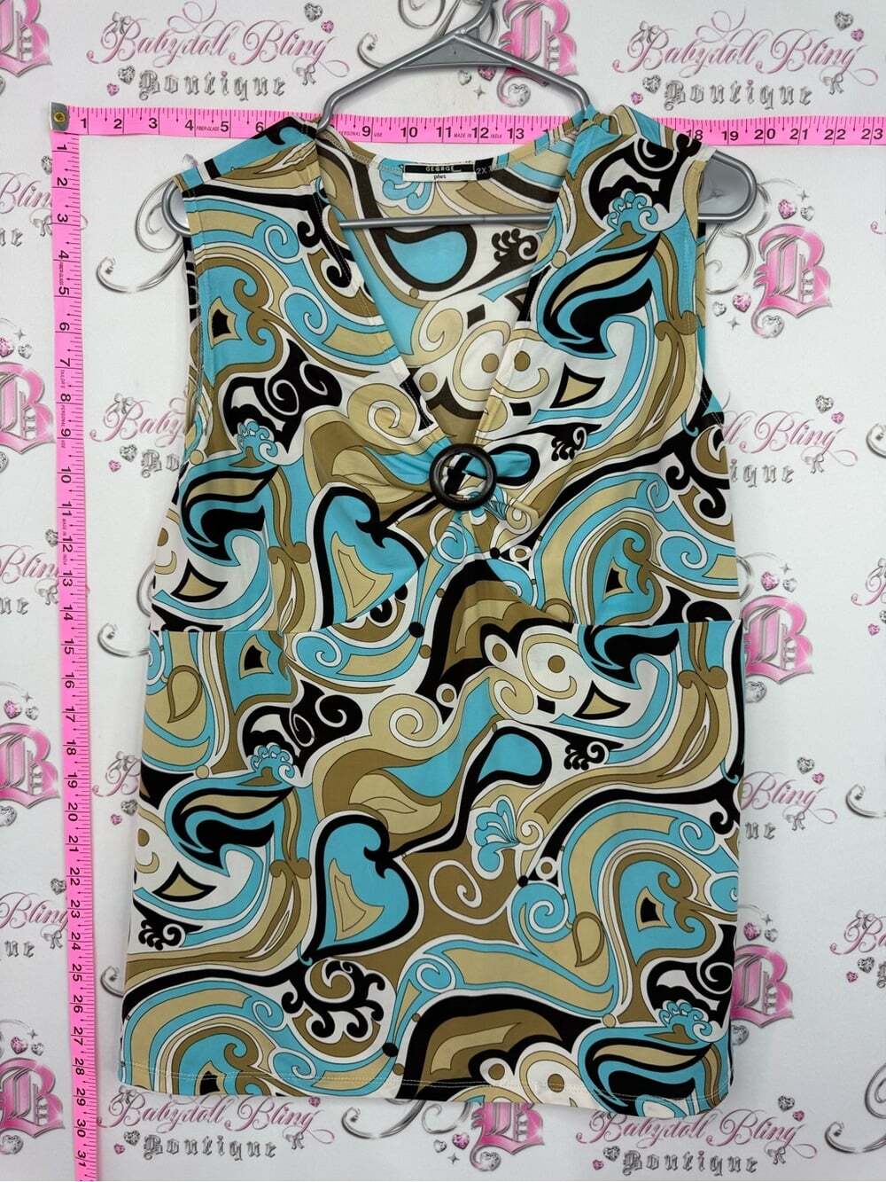 George tank top shirt swirls Aqua, Tan & Black Swirl Ring-Accent Tank Top